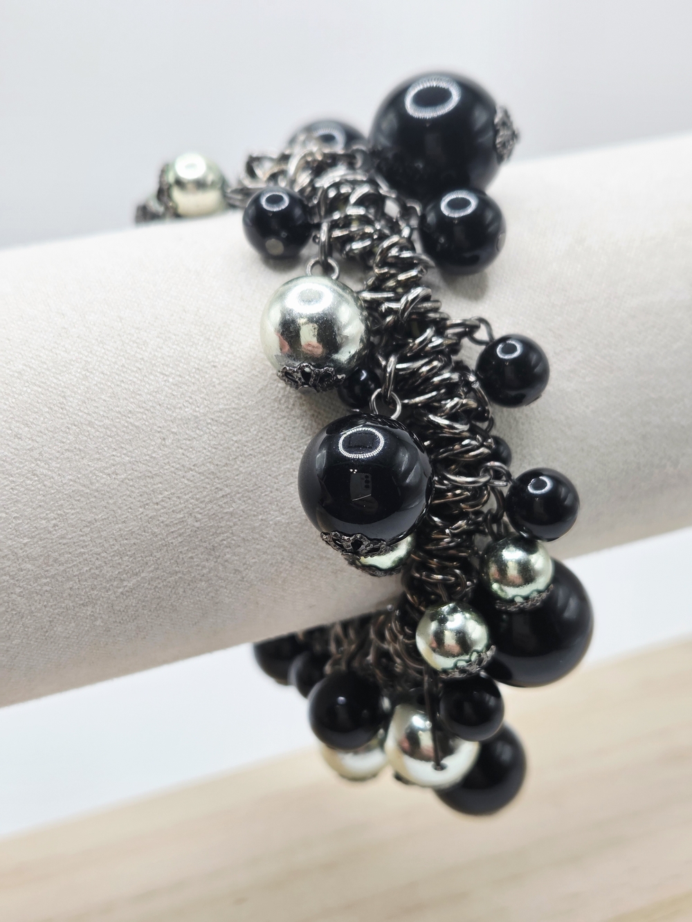 Chunky Black and Silver Bead Charm Bracelet - Women Jewelry